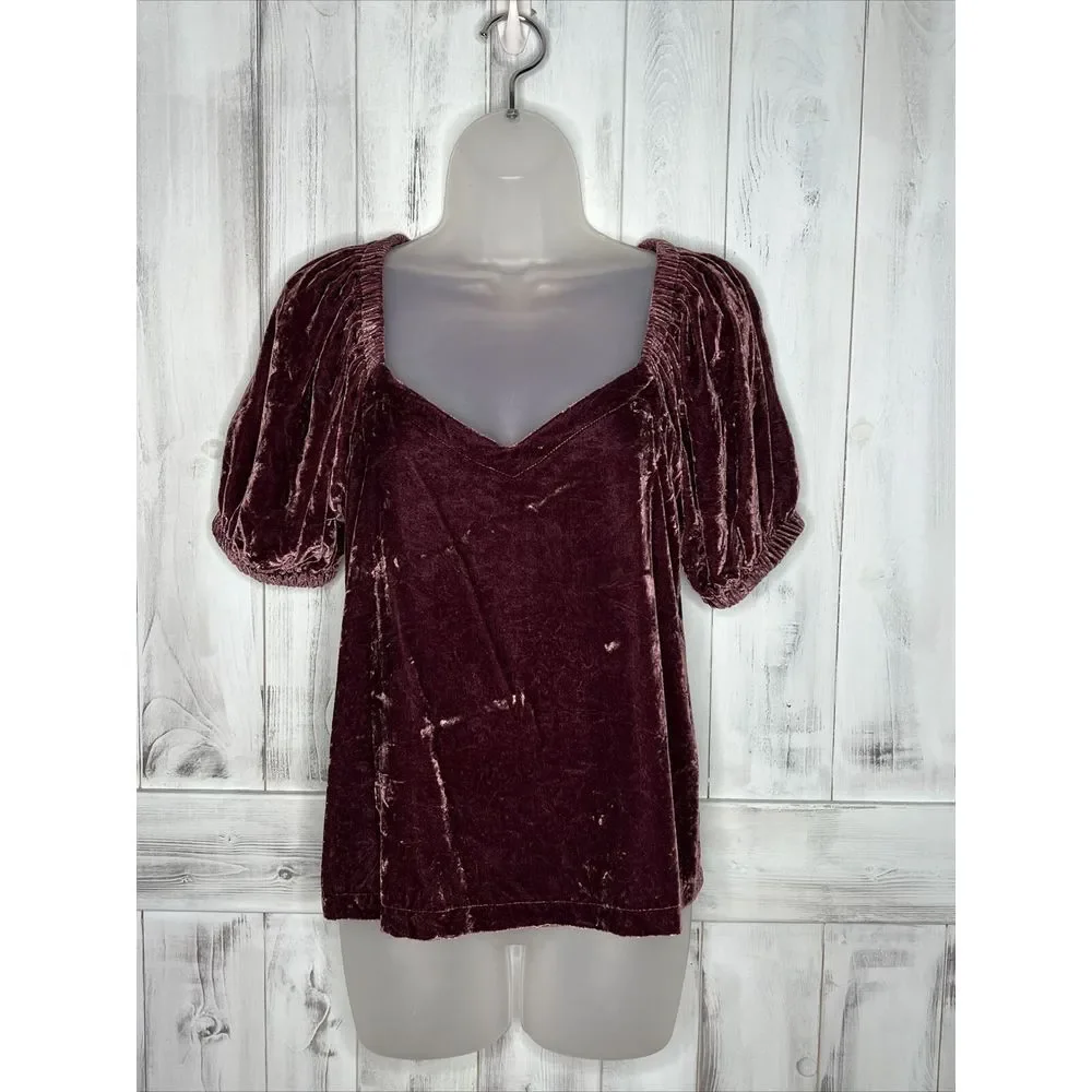 WOMENS‎ ANN TAYLOR LOFT PURPLE CRUSHED VELVET SHORT PUFF SLEEVE V-NECK TOP XS
